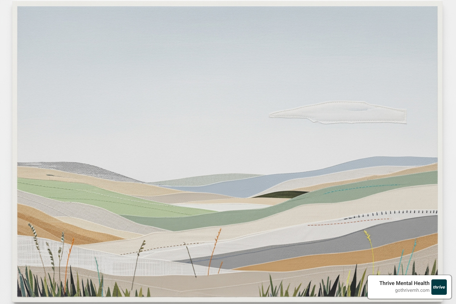 Therapeutic art collage for anxiety—serene landscape made from magazine clippings and fabric. - therapeutic art activities for anxiety