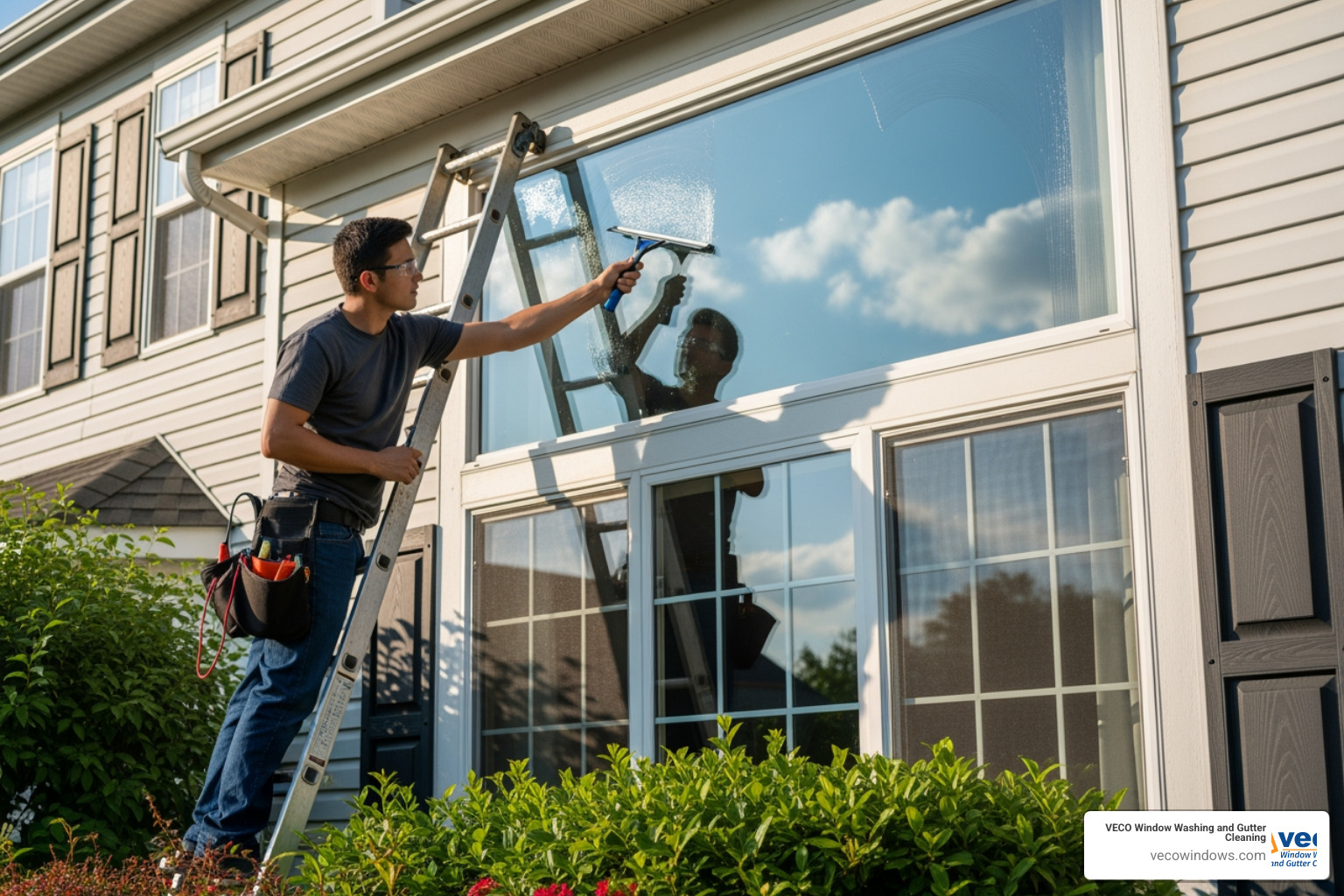 professional window cleaner using a squeegee on a residential window - house window cleaning service professional window cleaner using a squeegee on a residential window - house window cleaning service
