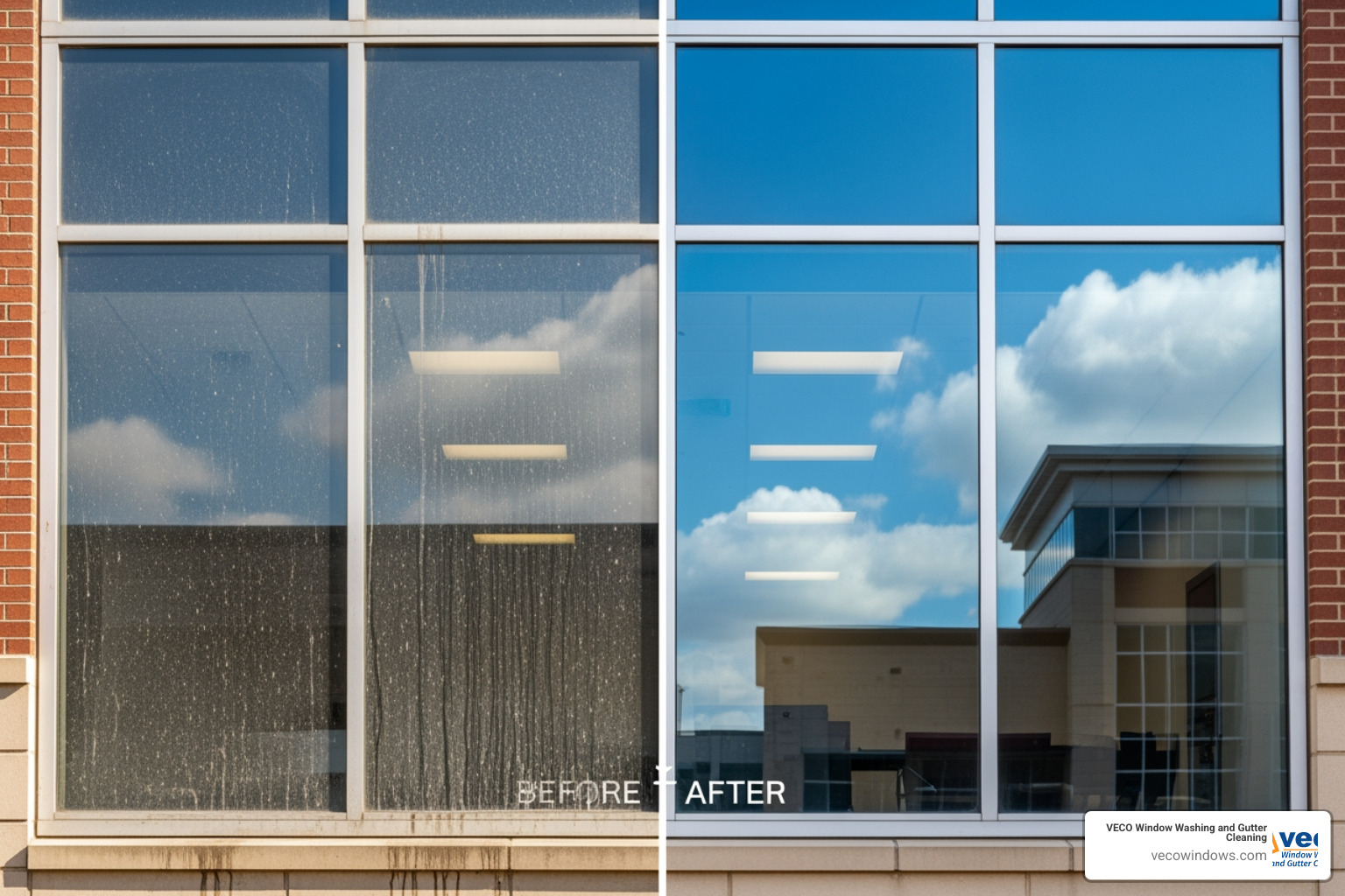 A clear before-and-after comparison of a commercial window - commercial building window cleaning cost