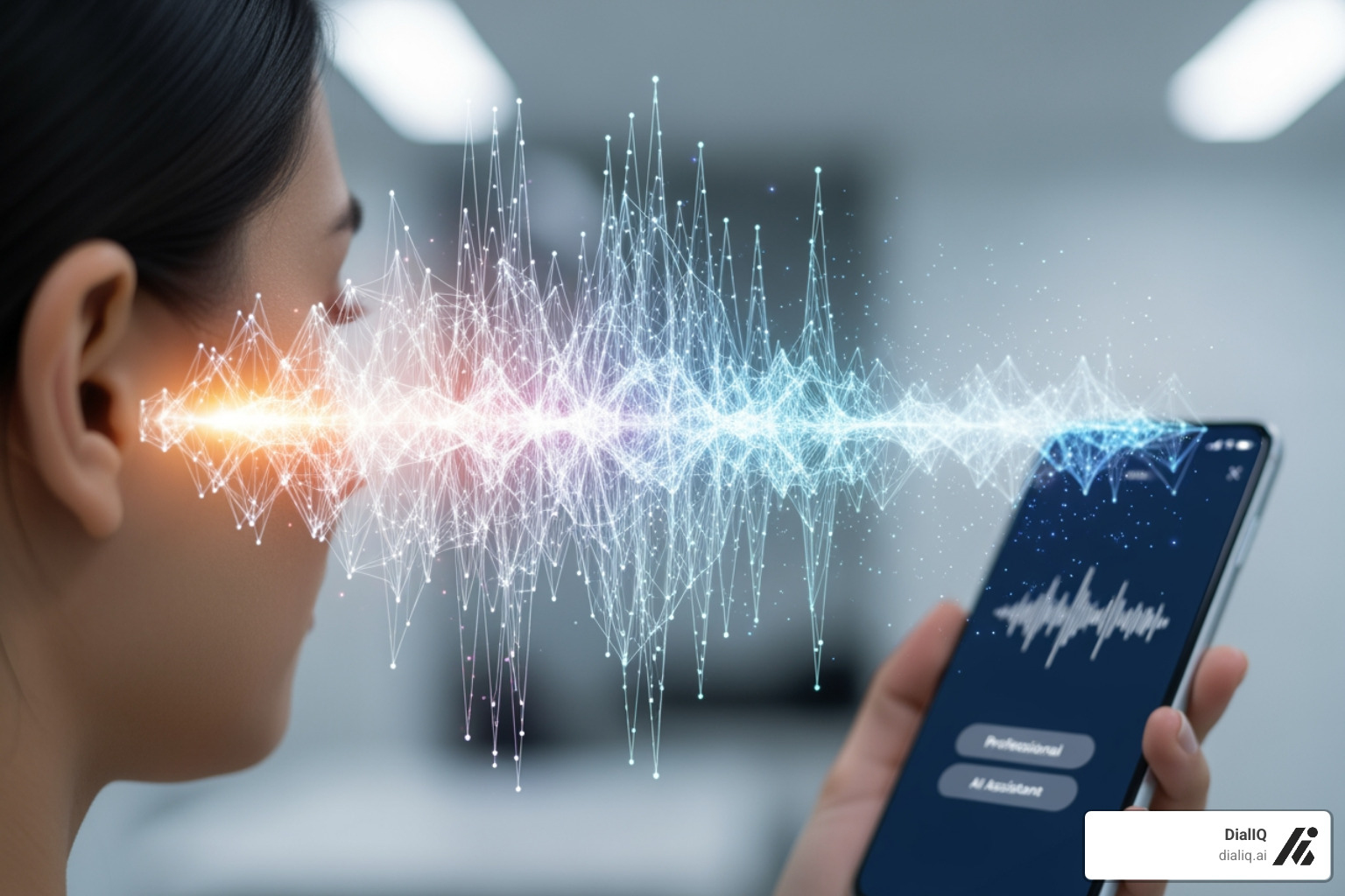 AI voice wave interacting with a patient on the phone - AI receptionist for dentists AI voice wave interacting with a patient on the phone - AI receptionist for dentists