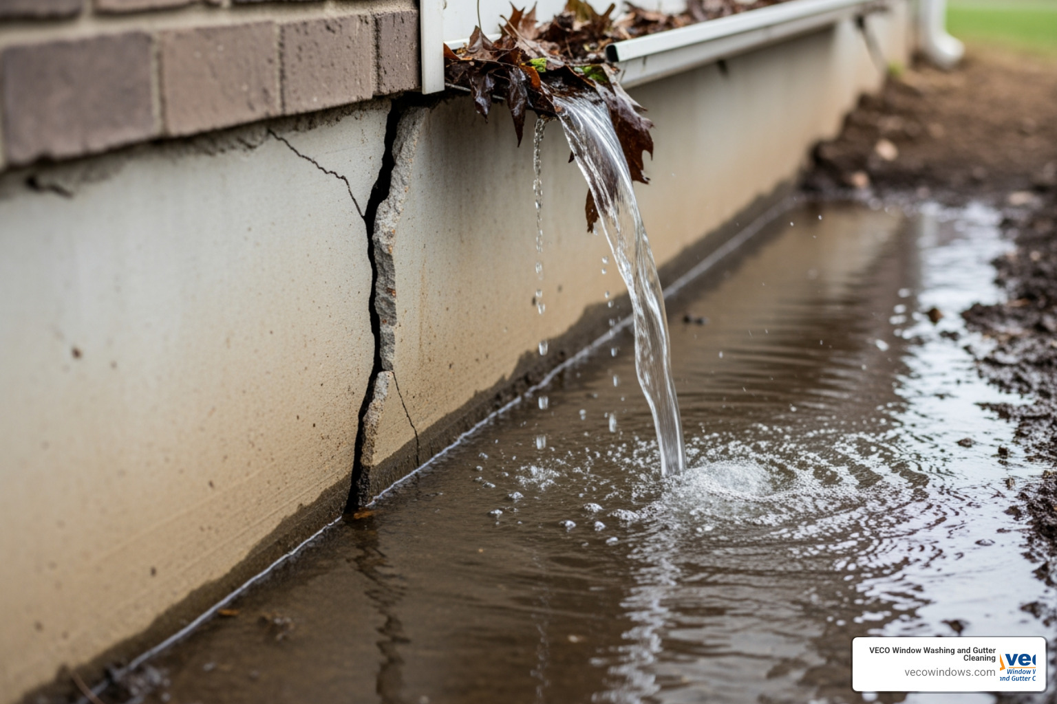 a cracked home foundation with water pooling nearby - clogged gutter solutions a cracked home foundation with water pooling nearby - clogged gutter solutions