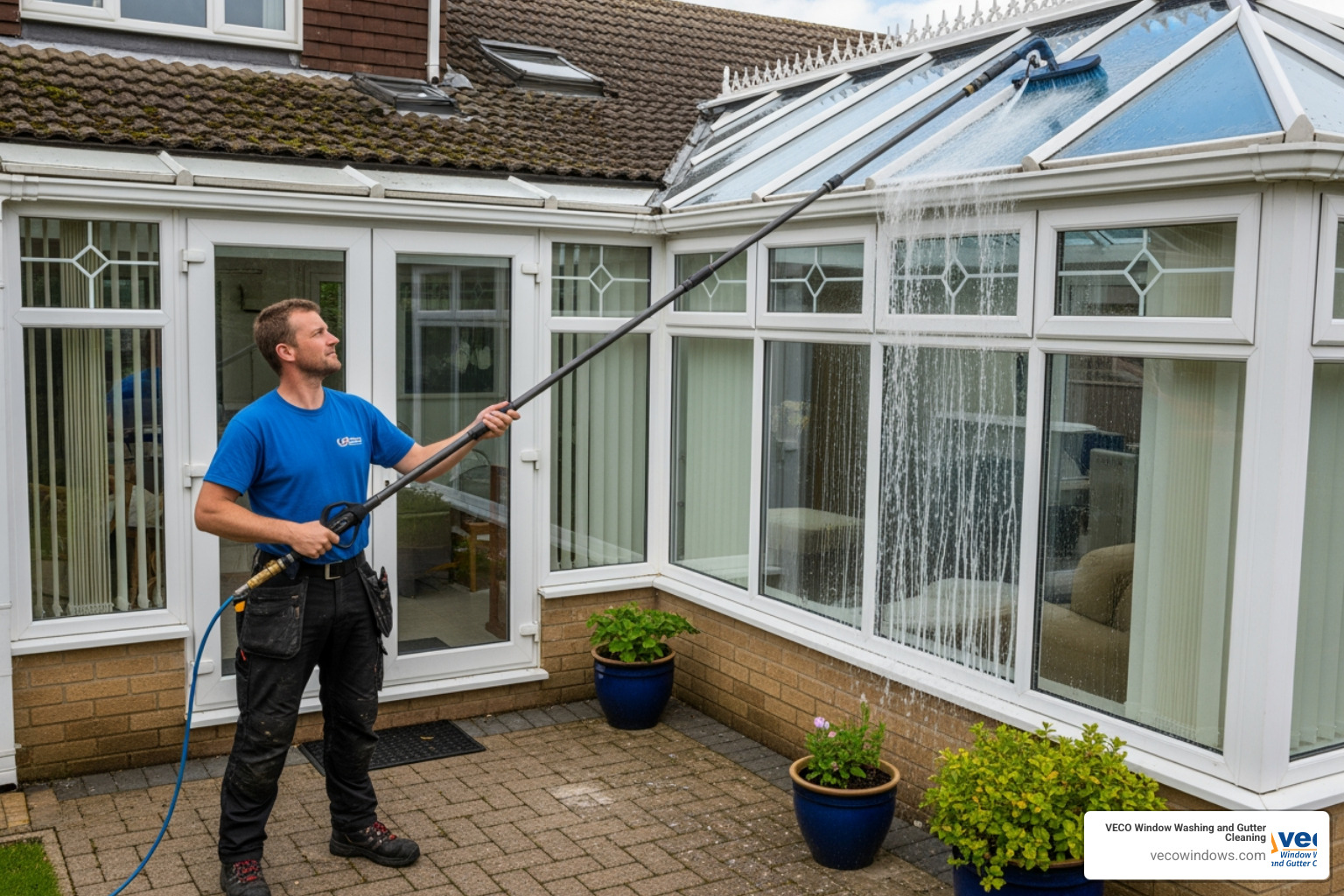 person safely using a water-fed pole to clean a conservatory roof from the ground - conservatory window cleaner person safely using a water-fed pole to clean a conservatory roof from the ground - conservatory window cleaner
