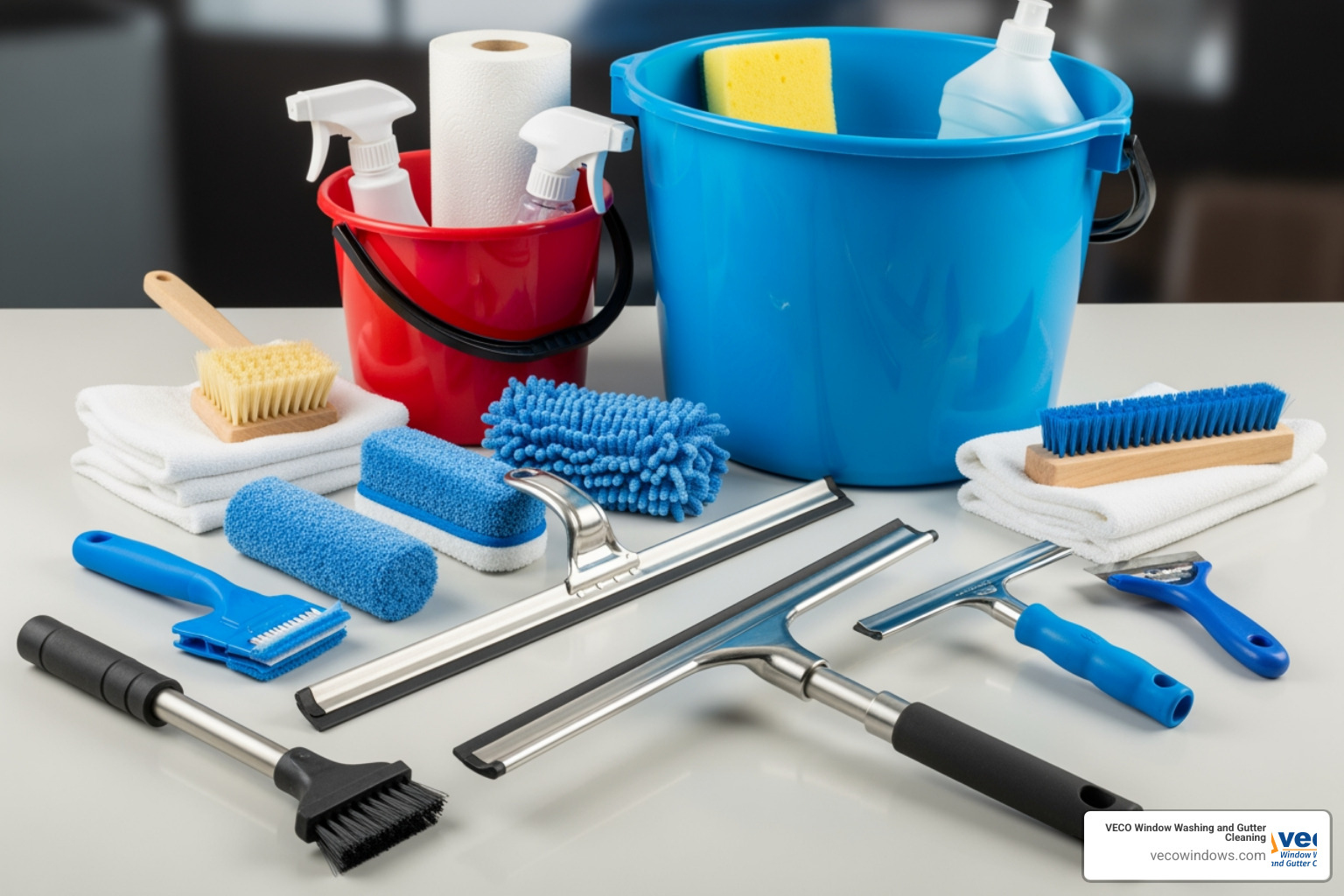 Essential window cleaning tools like squeegees, scrubbers, and buckets - facade glass cleaning Essential window cleaning tools like squeegees, scrubbers, and buckets - facade glass cleaning