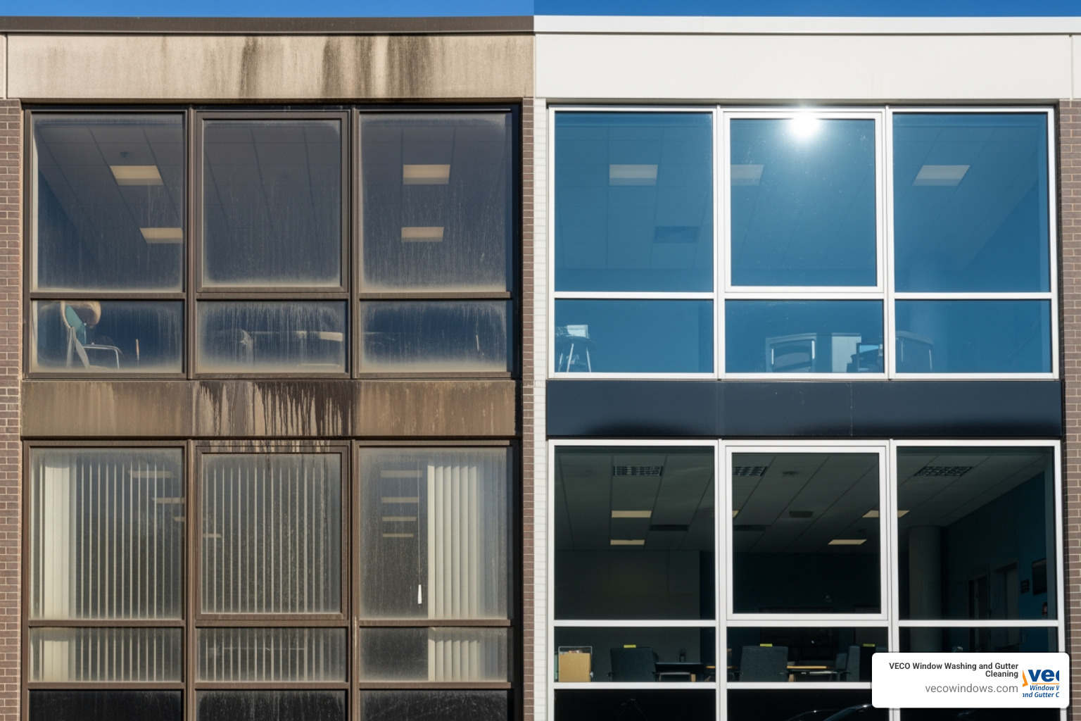 Before-and-after comparison of a commercial building's windows - facade glass cleaning Before-and-after comparison of a commercial building's windows - facade glass cleaning