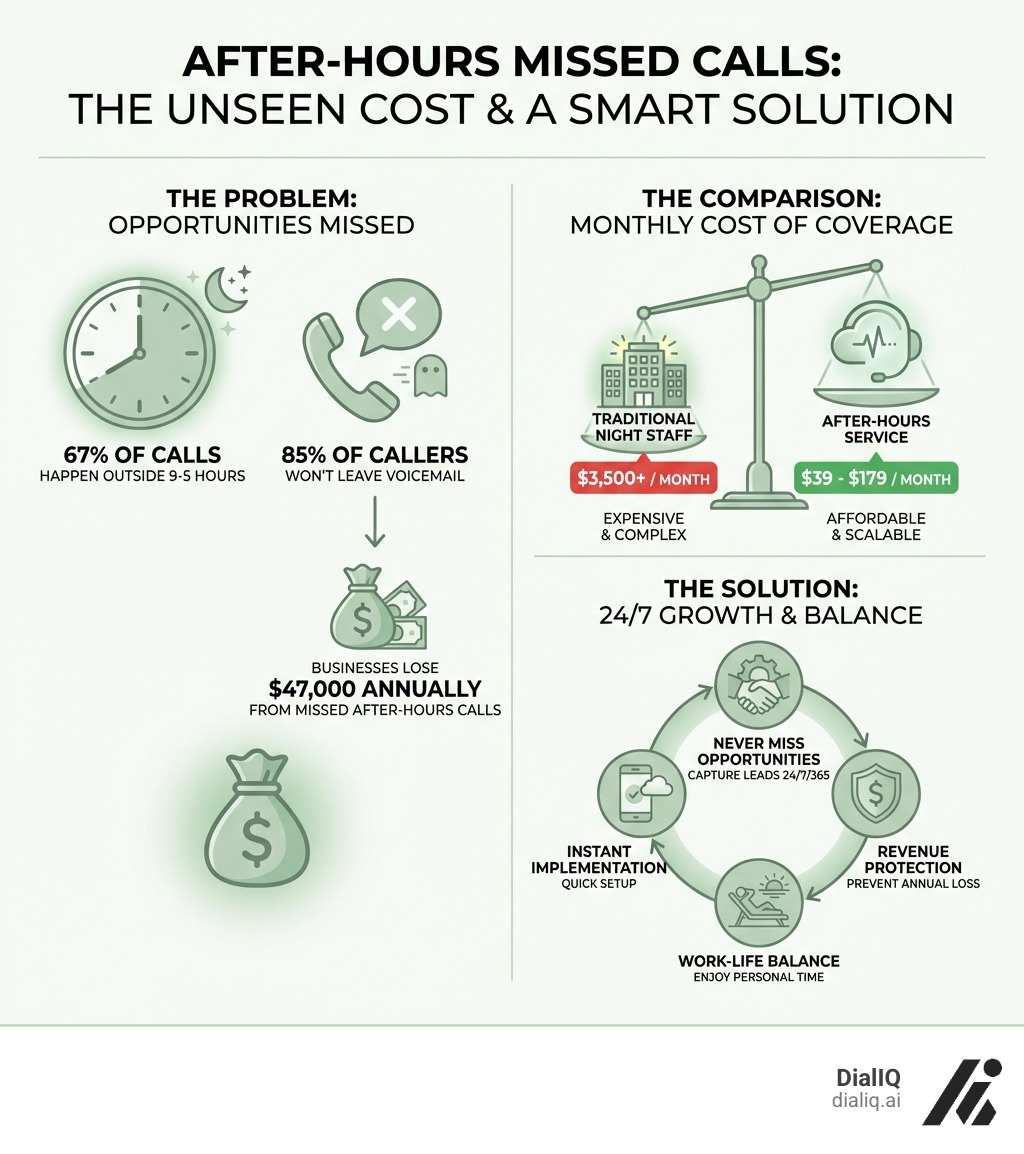infographic showing 67% of calls happen outside 9-5 hours, 85% of callers won't leave voicemail, and businesses lose $47,000 annually from missed after-hours calls, with a visual comparison of costs: traditional night staff $3,500+/month vs after-hours service $39-$179/month - after hours answering service for small business infographic infographic showing 67% of calls happen outside 9-5 hours, 85% of callers won't leave voicemail, and businesses lose $47,000 annually from missed after-hours calls, with a visual comparison of costs: traditional night staff $3,500+/month vs after-hours service $39-$179/month - after hours answering service for small business infographic