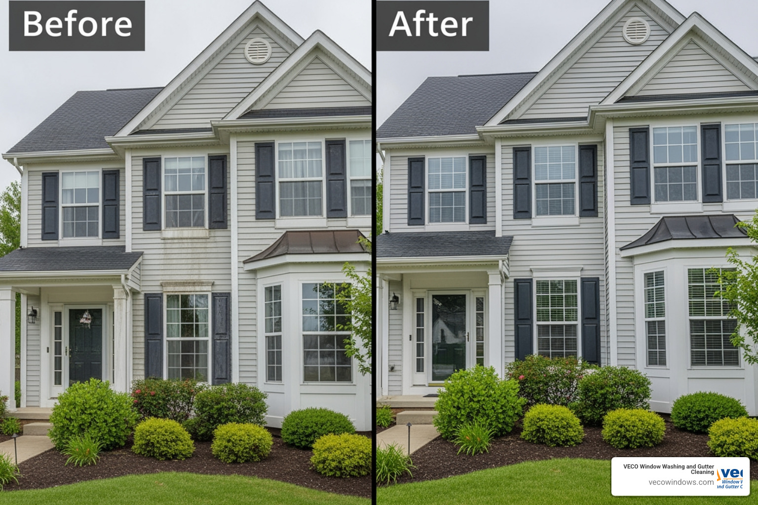 Before-and-after comparison of a home's exterior with dirty vs. clean windows - exterior window cleaning service Before-and-after comparison of a home's exterior with dirty vs. clean windows - exterior window cleaning service