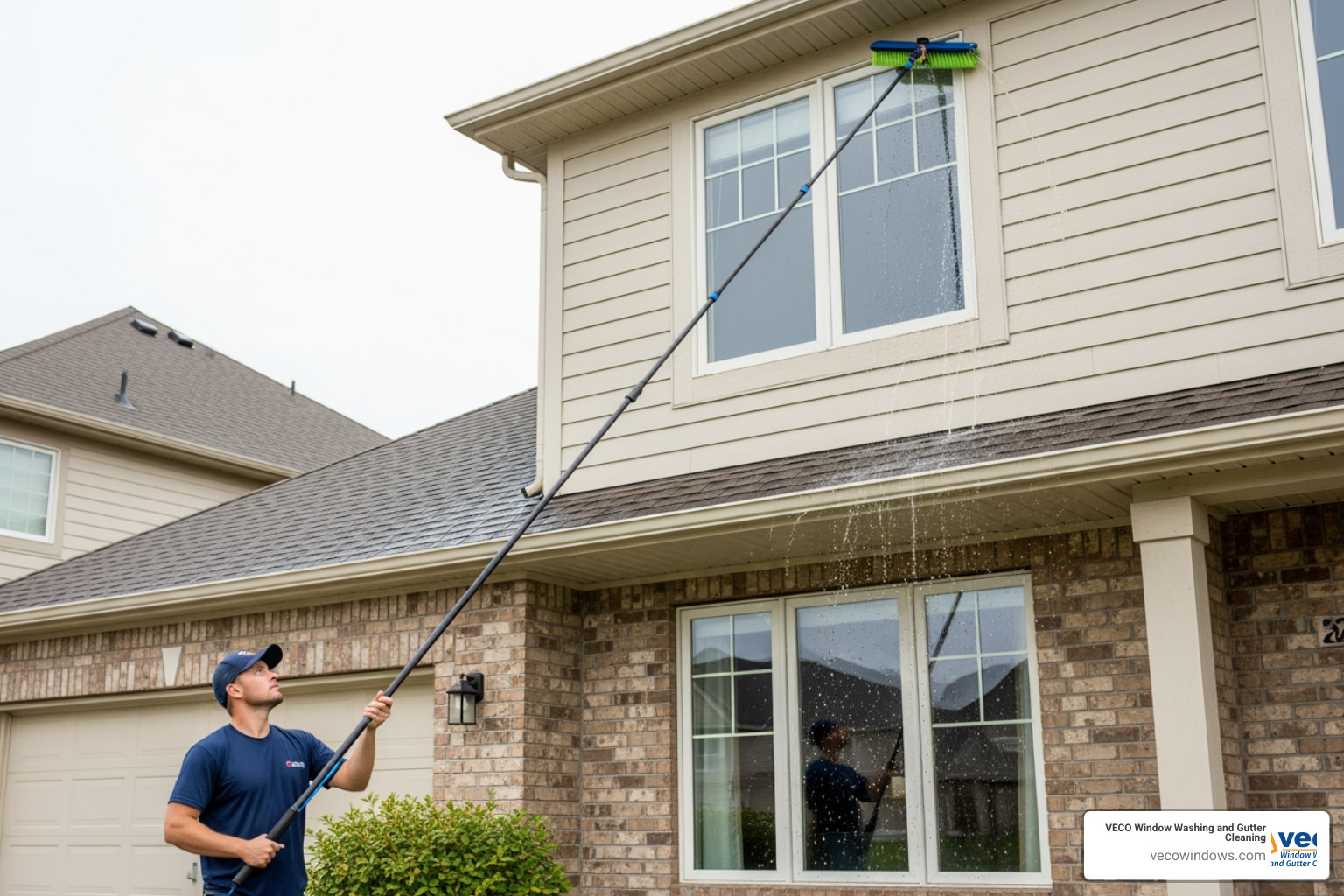 Technician using a WaterFed pole system on a two-story house - exterior window cleaning service Technician using a WaterFed pole system on a two-story house - exterior window cleaning service