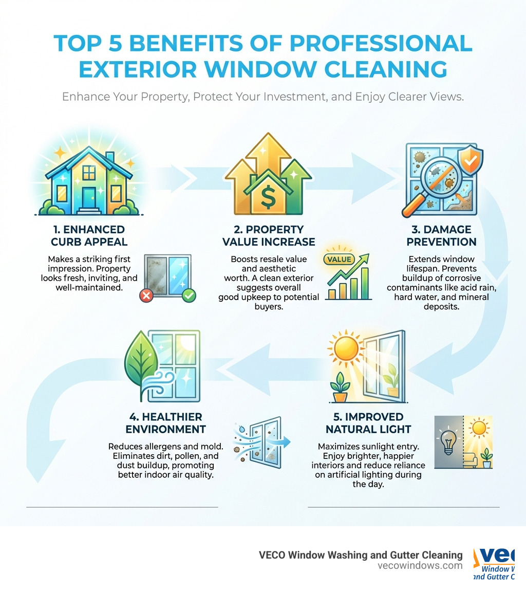 Infographic detailing the top 5 benefits of professional exterior window cleaning: enhanced curb appeal, property value increase, damage prevention, healthier environment, and improved natural light - exterior window cleaning service infographic Infographic detailing the top 5 benefits of professional exterior window cleaning: enhanced curb appeal, property value increase, damage prevention, healthier environment, and improved natural light - exterior window cleaning service infographic