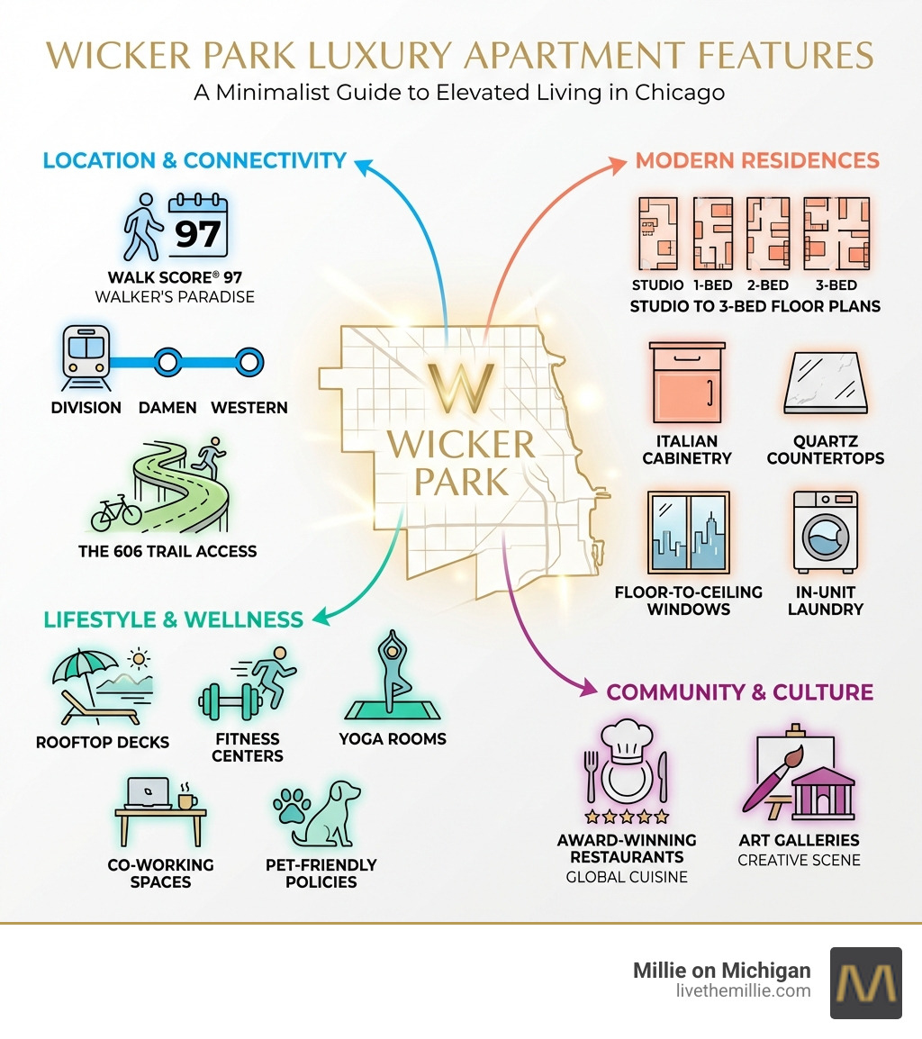 Infographic showing Wicker Park luxury apartment features: WalkScore 97, 3 Blue Line stops (Division, Damen, Western), The 606 trail access, studio to 3-bedroom floor plans, amenities including rooftop decks, fitness centers, yoga rooms, co-working spaces, pet-friendly policies, Italian cabinetry, quartz countertops, floor-to-ceiling windows, in-unit laundry, and proximity to award-winning restaurants and art galleries - luxury apartments wicker park chicago infographic Infographic showing Wicker Park luxury apartment features: WalkScore 97, 3 Blue Line stops (Division, Damen, Western), The 606 trail access, studio to 3-bedroom floor plans, amenities including rooftop decks, fitness centers, yoga rooms, co-working spaces, pet-friendly policies, Italian cabinetry, quartz countertops, floor-to-ceiling windows, in-unit laundry, and proximity to award-winning restaurants and art galleries - luxury apartments wicker park chicago infographic