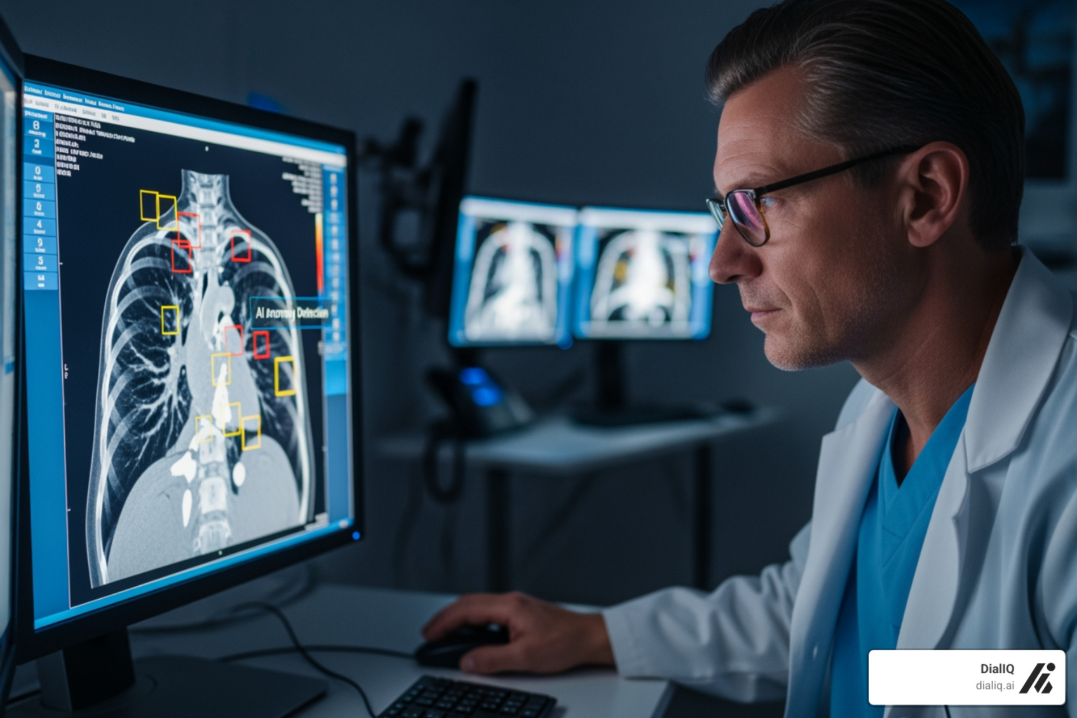 A radiologist examining a scan with AI-highlighted anomalies - AI for doctors
