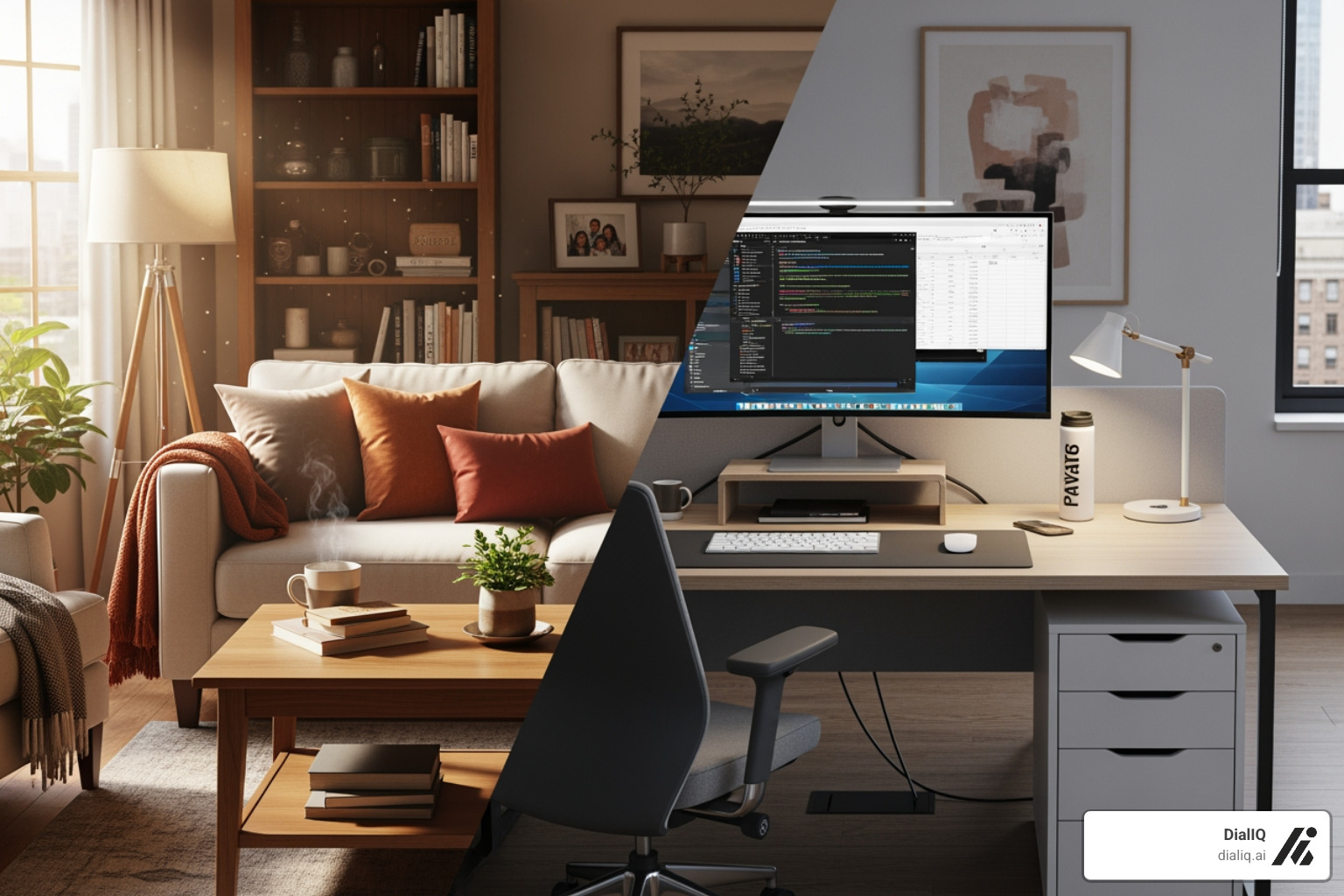 split screen with a home environment on one side and a business/office environment on the other