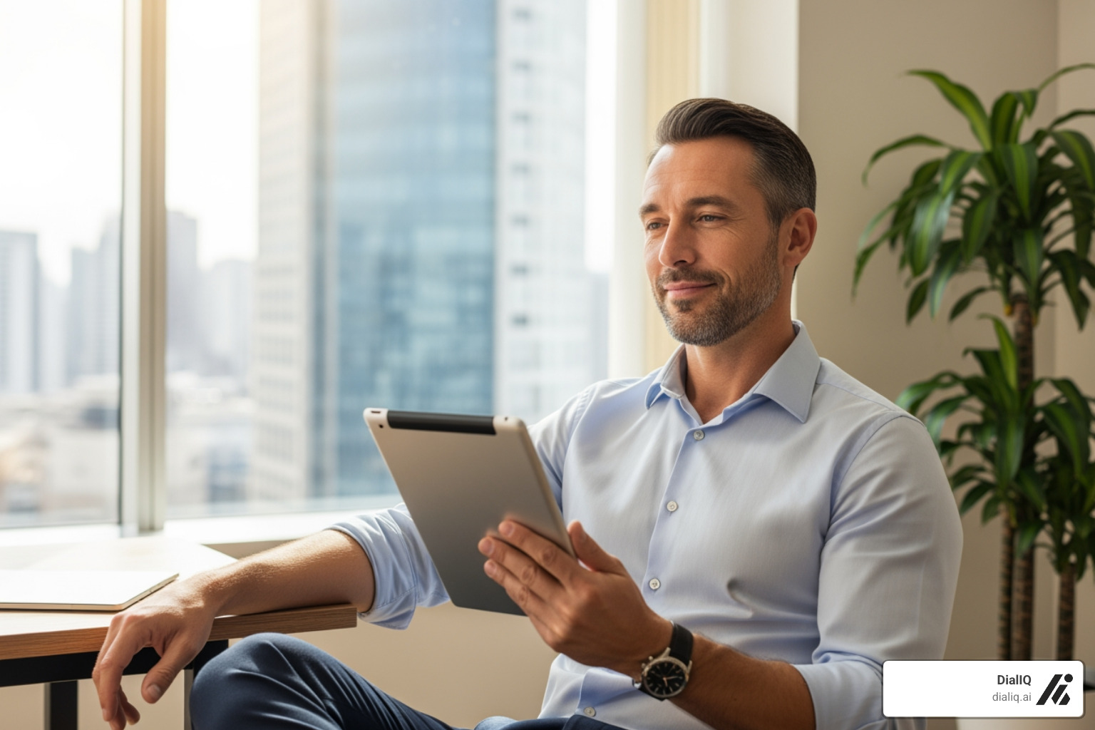 a business owner looking relaxed while checking a tablet - AI receptionist benefits