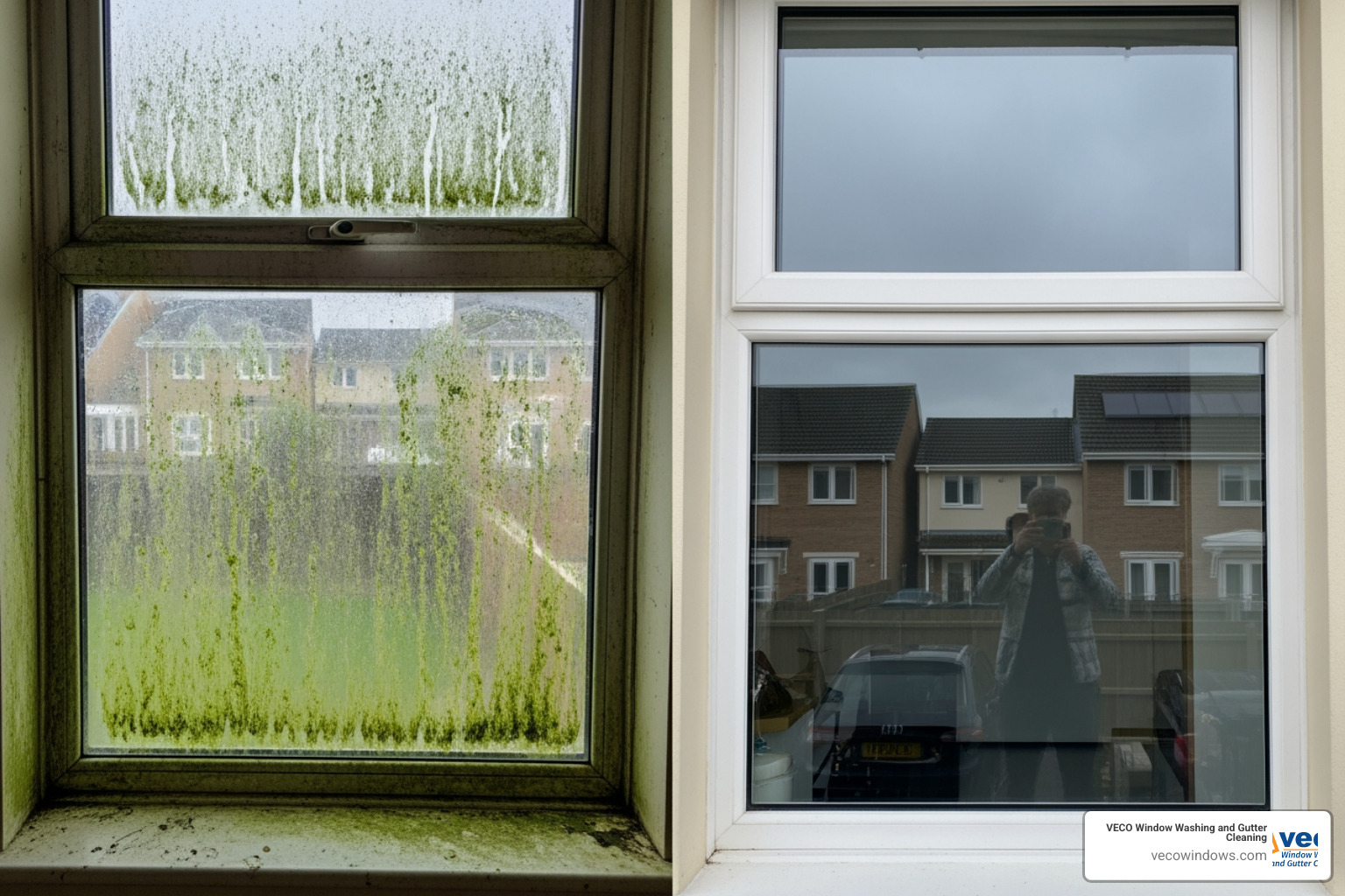 before-and-after comparison of a window covered in green algae - soft wash window cleaning