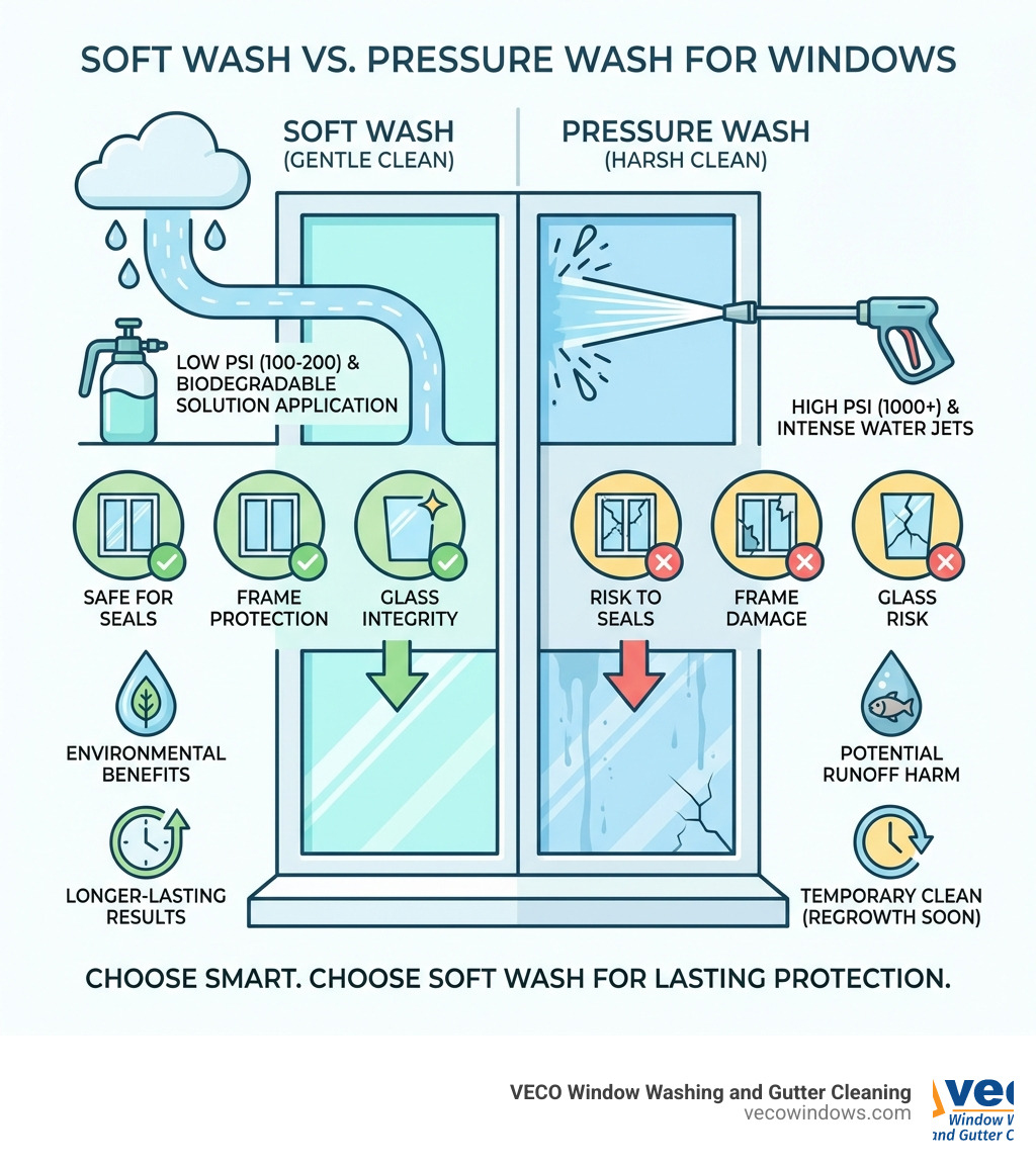 Infographic comparing soft wash and pressure wash methods for window cleaning, showing low PSI levels and biodegradable solution application for soft washing versus high PSI water jets for pressure washing, with icons illustrating safety for window seals, frames, and glass integrity, plus environmental benefits and longer-lasting results - soft wash window cleaning infographic 