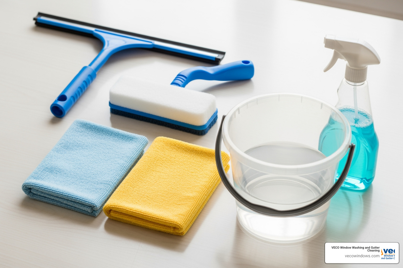 A complete window cleaning kit laid out on a clean surface, featuring a squeegee, scrubber, microfiber cloths, bucket, and spray bottle. - best thing to wash windows with A complete window cleaning kit laid out on a clean surface, featuring a squeegee, scrubber, microfiber cloths, bucket, and spray bottle. - best thing to wash windows with