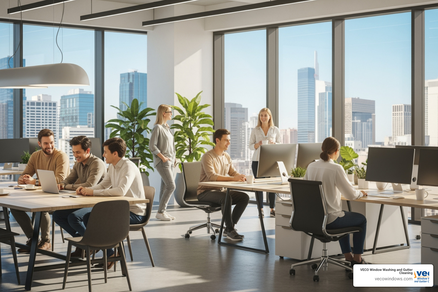 A bright, sunlit office interior with happy employees enjoying the clear view - office window cleaning Chicago