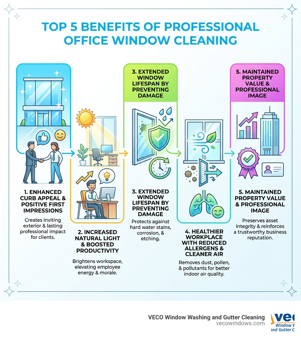 Infographic showing the top 5 benefits of professional office window cleaning: 1. Enhanced curb appeal and positive first impressions for clients, 2. Increased natural light improving employee productivity and morale, 3. Extended window lifespan by preventing hard water stains and damage, 4. Healthier workplace environment with reduced allergens and cleaner air, 5. Maintained property value and professional business image - office window cleaning Chicago infographic 
