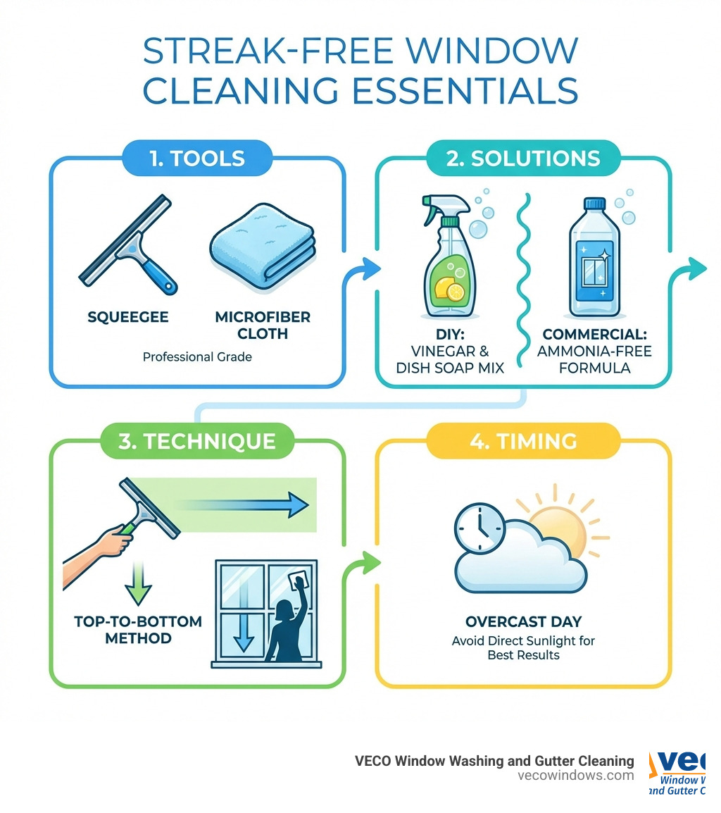 Infographic detailing the essential components for streak-free window cleaning: Tools (squeegee, microfiber cloth), Solutions (DIY vinegar/dish soap, commercial ammonia-free), Technique (squeegee method, top-to-bottom), and Timing (overcast day). - best thing to wash windows with infographic Infographic detailing the essential components for streak-free window cleaning: Tools (squeegee, microfiber cloth), Solutions (DIY vinegar/dish soap, commercial ammonia-free), Technique (squeegee method, top-to-bottom), and Timing (overcast day). - best thing to wash windows with infographic