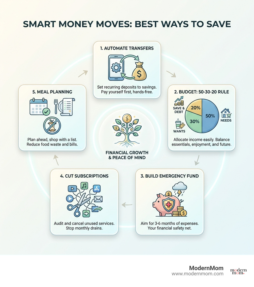 Infographic summarizing the best ways to save money, including automating transfers, budgeting with the 50-30-20 rule, building an emergency fund, cutting subscriptions, and meal planning to reduce food waste. - best ways to save infographic Infographic summarizing the best ways to save money, including automating transfers, budgeting with the 50-30-20 rule, building an emergency fund, cutting subscriptions, and meal planning to reduce food waste. - best ways to save infographic