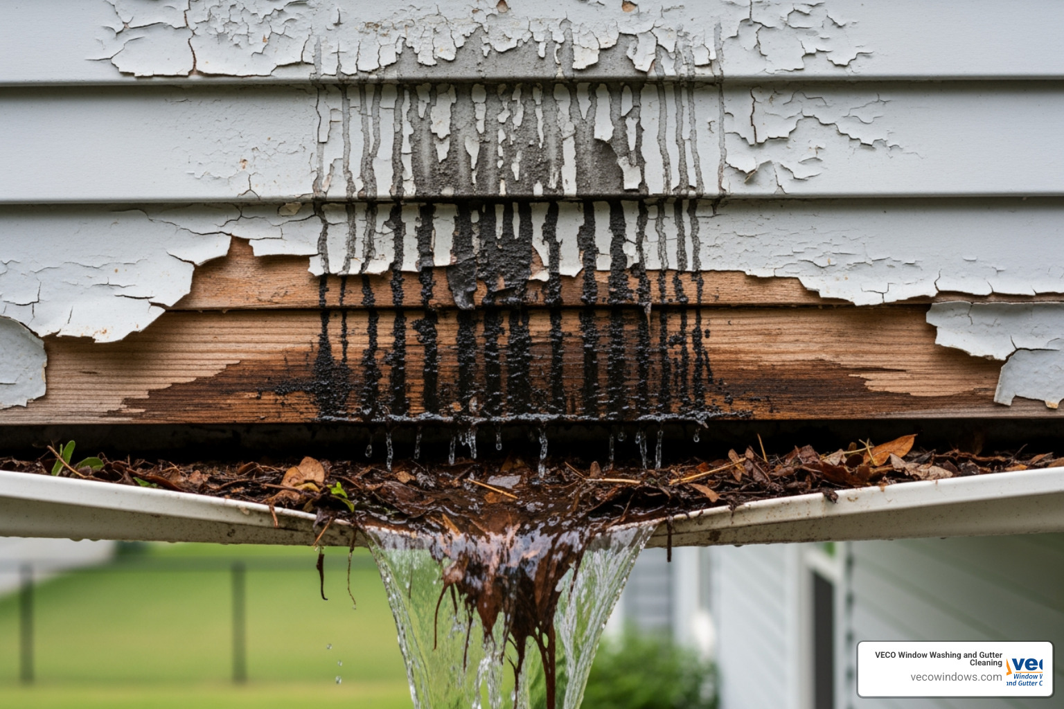 water damage, like peeling paint and dark stains, on the side of a house directly below a clogged, overflowing gutter - North Shore gutter cleaning water damage, like peeling paint and dark stains, on the side of a house directly below a clogged, overflowing gutter - North Shore gutter cleaning