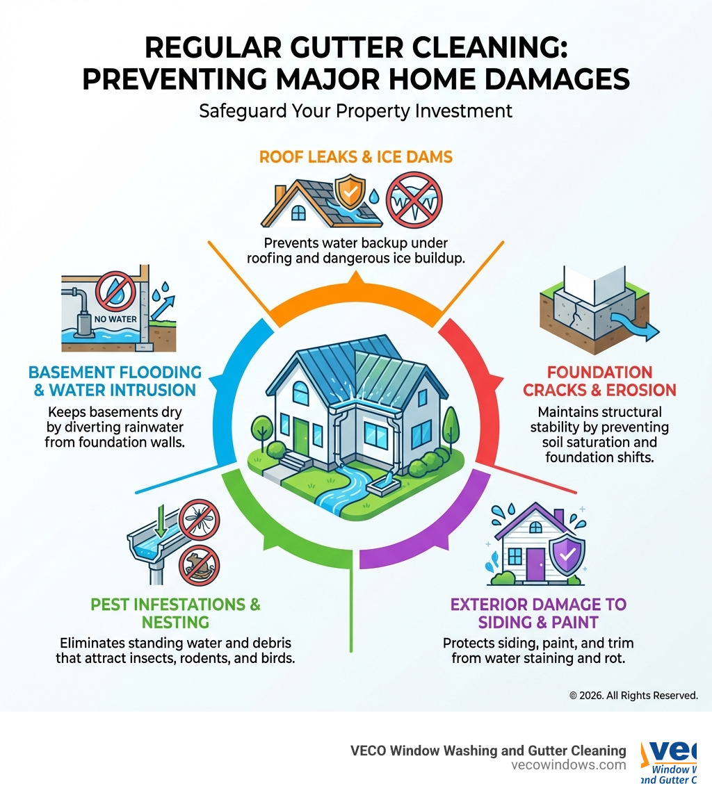 Infographic showing five major damages prevented by regular gutter cleaning: foundation cracks and erosion, roof leaks and ice dams, basement flooding and water intrusion, pest infestations and nesting, and exterior damage to siding and paint - North Shore gutter cleaning infographic Infographic showing five major damages prevented by regular gutter cleaning: foundation cracks and erosion, roof leaks and ice dams, basement flooding and water intrusion, pest infestations and nesting, and exterior damage to siding and paint - North Shore gutter cleaning infographic