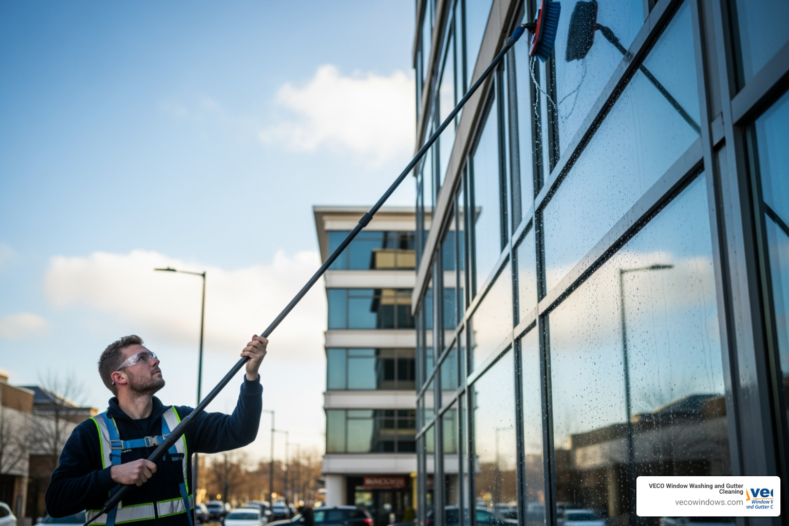 A technician using a water-fed pole on a mid-rise building - commercial exterior window cleaning