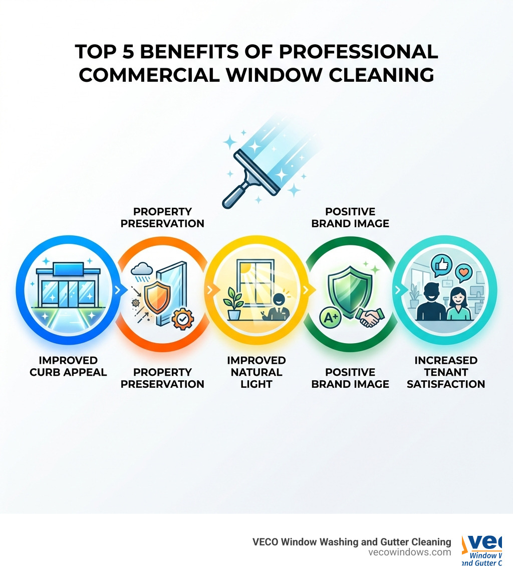 Infographic detailing the top 5 benefits of professional commercial window cleaning: Improved Curb Appeal, Property Preservation, Improved Natural Light, Positive Brand Image, and Increased Tenant Satisfaction. - commercial exterior window cleaning infographic 