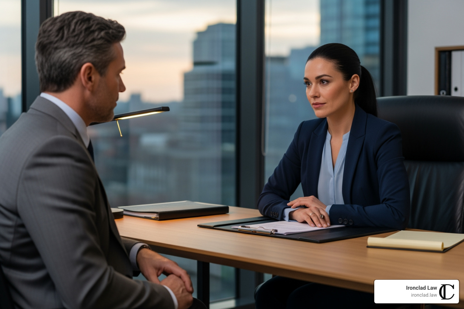 A solicitor advising a client across a desk - business acquisition solicitors
