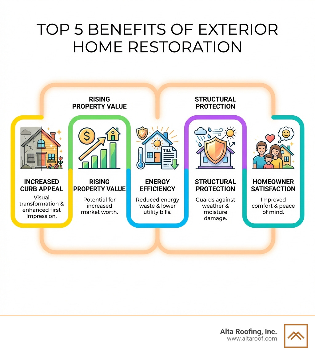 infographic showing the top 5 benefits of exterior home restoration: increased curb appeal with a house transformation, rising property value graph, energy efficiency with lower utility bills, structural protection shield, and homeowner satisfaction - exterior home restoration infographic 