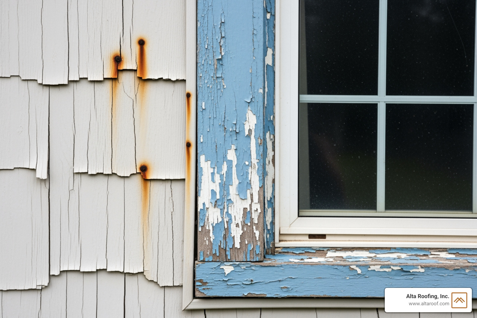 cracked siding and peeling paint on a house - exterior home restoration