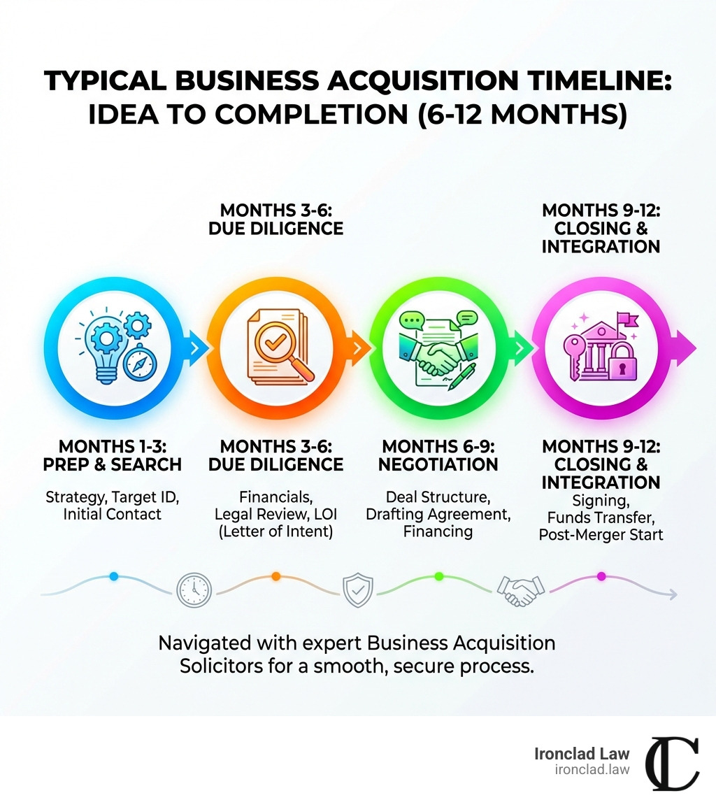 Infographic explaining the typical 6-12 month timeline of a business acquisition from idea to completion. - business acquisition solicitors infographic 