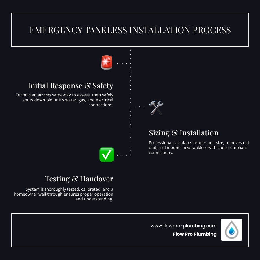 Infographic showing emergency tankless water heater installation process: 1) Emergency call received 2) Technician arrives same-day 3) Safety assessment and old unit shutdown 4) Proper sizing calculation 5) Old unit removal 6) New tankless installation with code-compliant connections 7) Testing and calibration 8) Homeowner walkthrough - emergency tankless water heater installation in brentwood, ca infographic infographic-line-3-steps-dark Infographic showing emergency tankless water heater installation process: 1) Emergency call received 2) Technician arrives same-day 3) Safety assessment and old unit shutdown 4) Proper sizing calculation 5) Old unit removal 6) New tankless installation with code-compliant connections 7) Testing and calibration 8) Homeowner walkthrough - emergency tankless water heater installation in brentwood, ca infographic infographic-line-3-steps-dark
