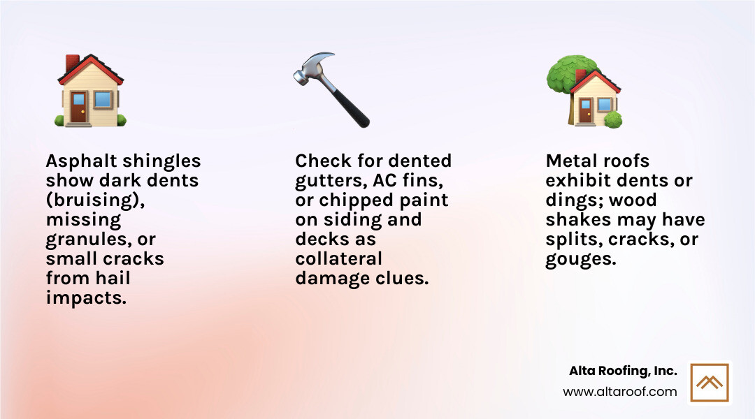 Infographic: Key visual signs of hail damage on different roof materials and other exterior components - hail damage on roof pictures infographic 3_facts_emoji_light-gradient