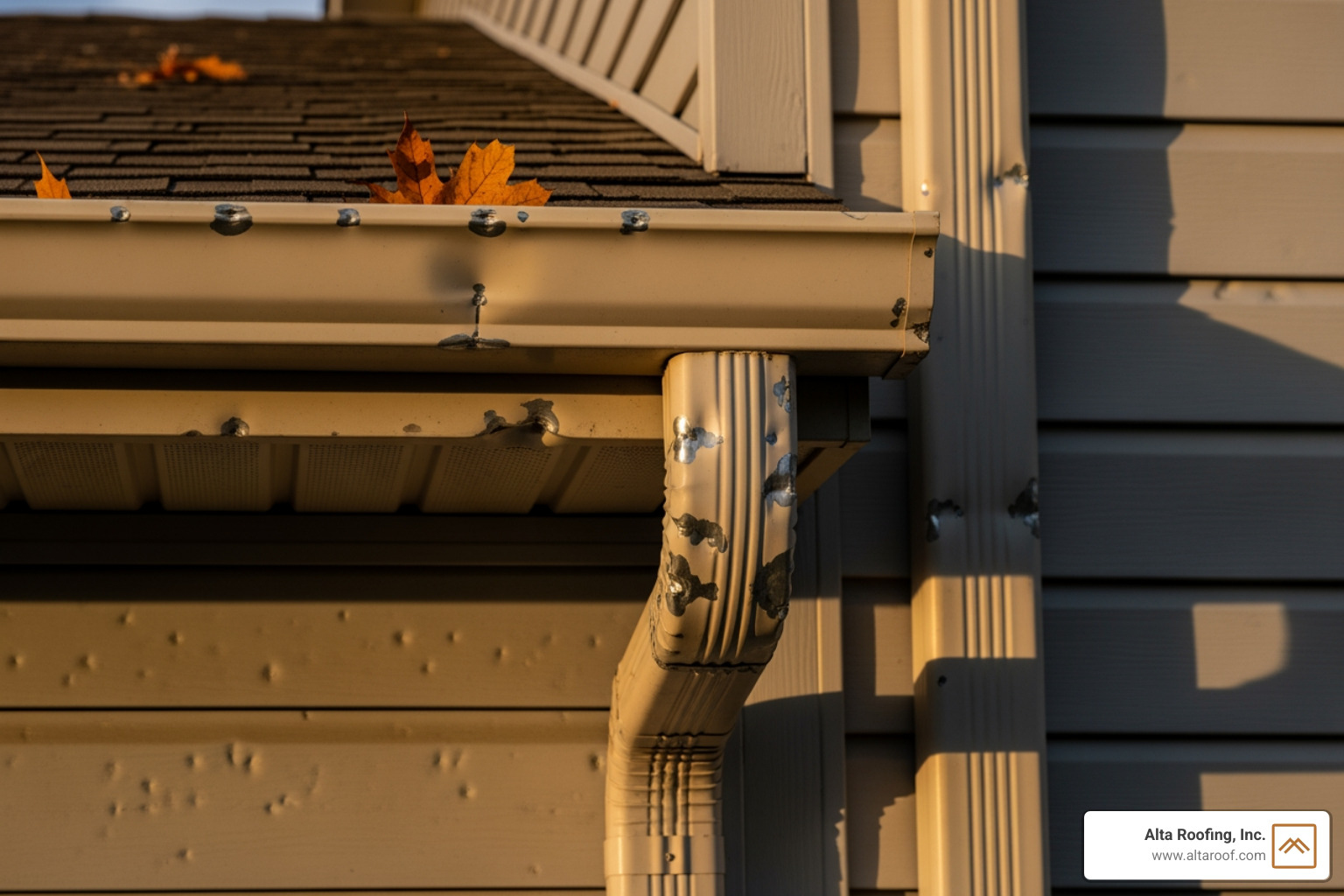 dented gutters and downspouts - hail damage on roof pictures