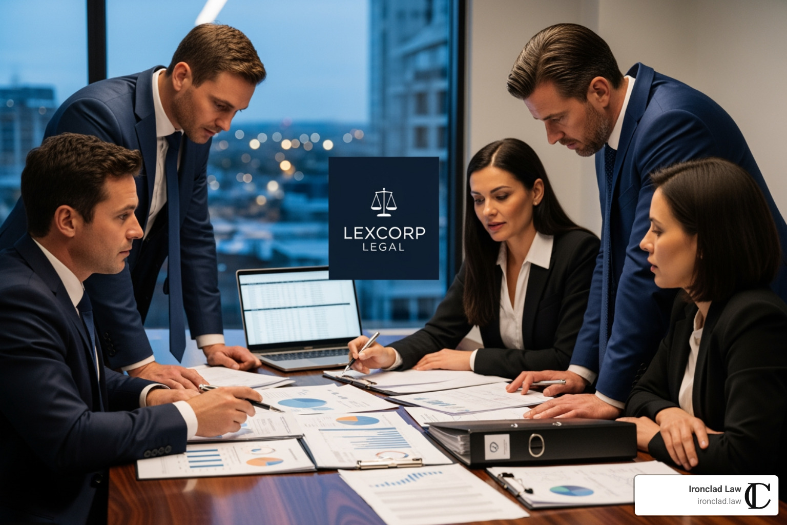 A magnifying glass over a stack of financial documents - business acquisition solicitors