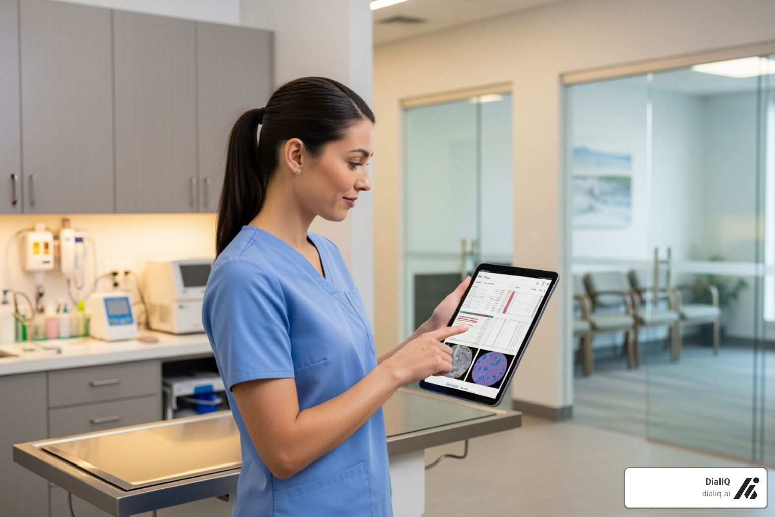 vet tech easily accessing lab results on a tablet linked to ezyVet - ezyvet integrations