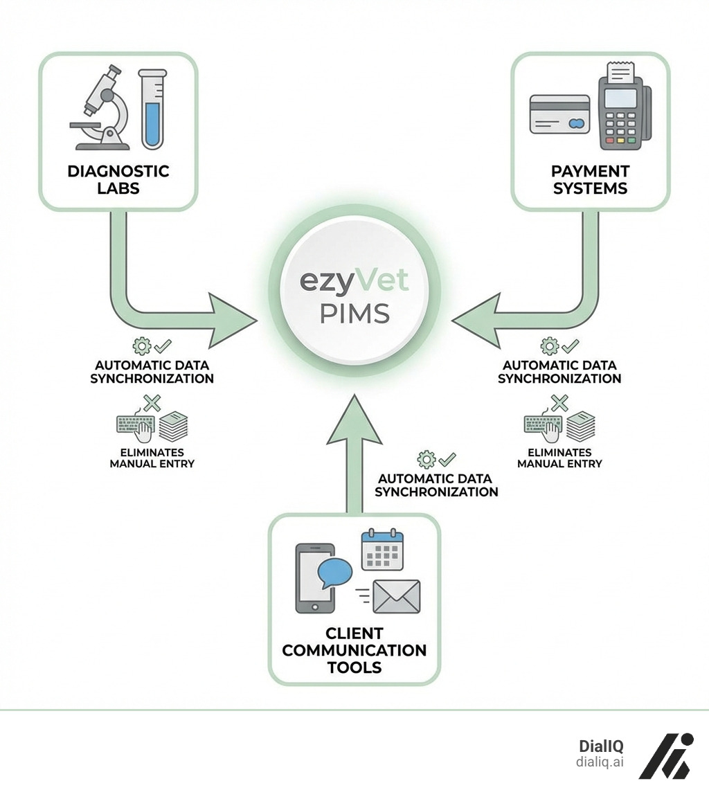Infographic showing data flow from diagnostic labs, payment systems, and client communication tools all connecting to a central ezyVet PIMS, with arrows indicating automatic data synchronization eliminating manual entry - ezyvet integrations infographic 