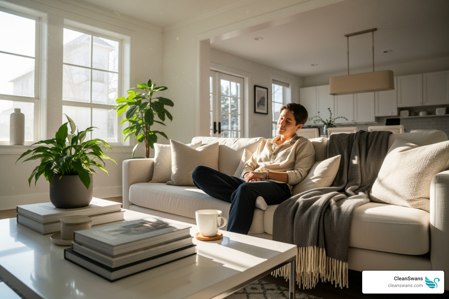 person relaxing in a perfectly clean home - 5 star house cleaning
