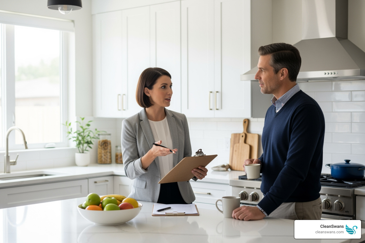 home stager with a clipboard talking to a homeowner in their kitchen - Home staging consultation