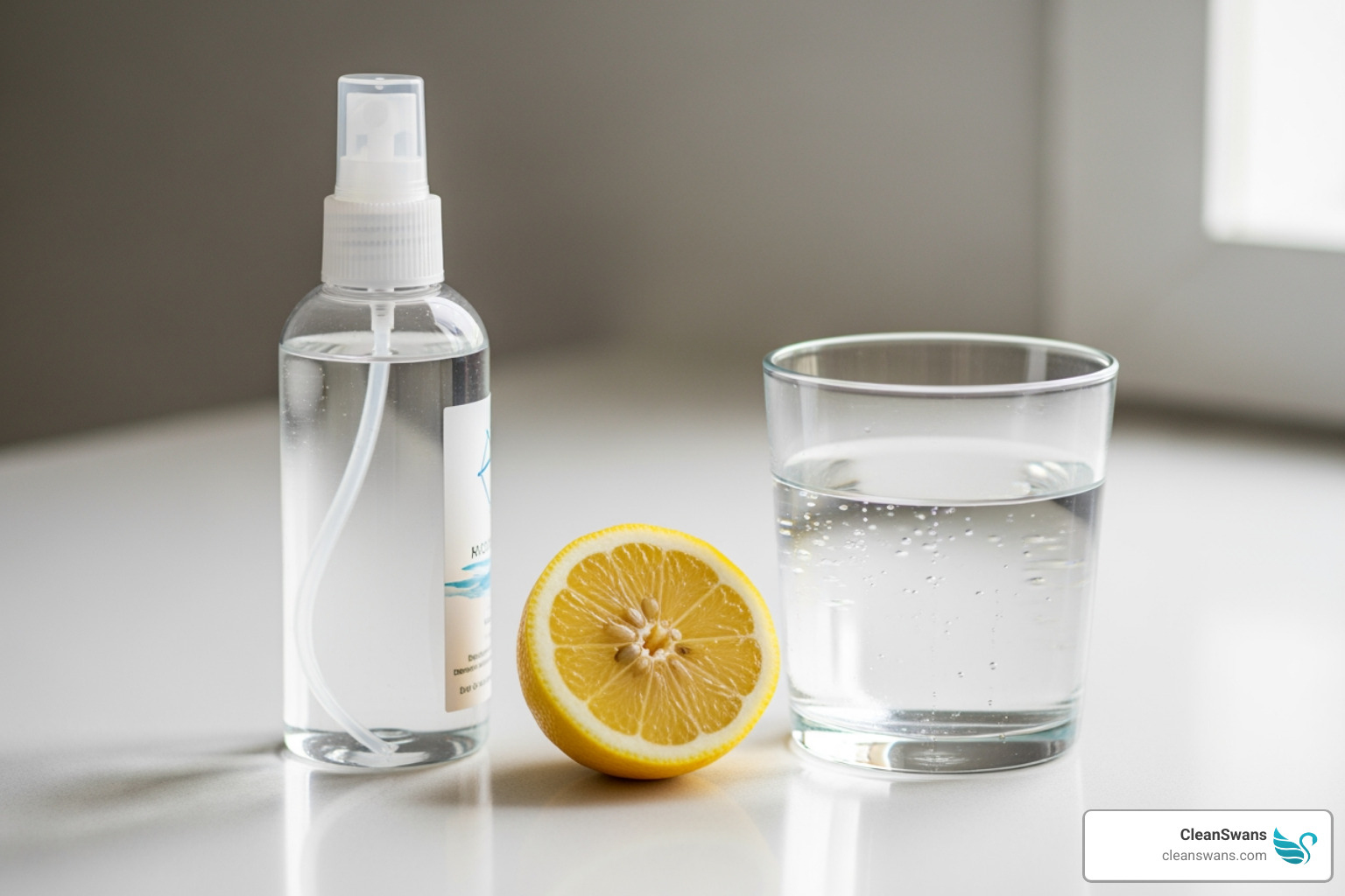 spray bottle with vinegar, water, and a lemon slice next to it on a clean countertop - non toxic floor cleaner for pets