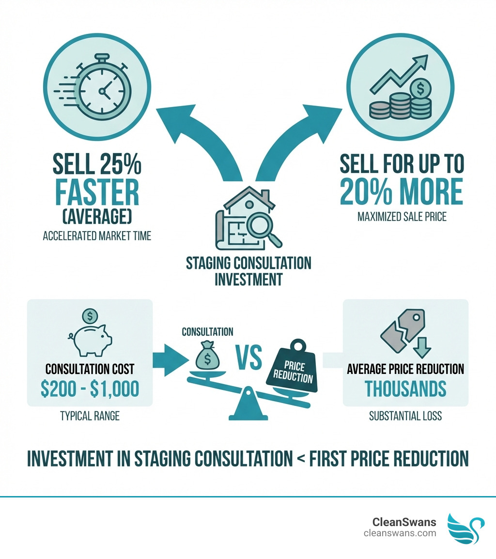 Infographic showing the home staging consultation ROI: homes sell 25% faster on average, sell for up to 20% more, consultation costs $200-$1000, average price reduction costs thousands, investment in staging consultation is less than first price reduction - Home staging consultation infographic 