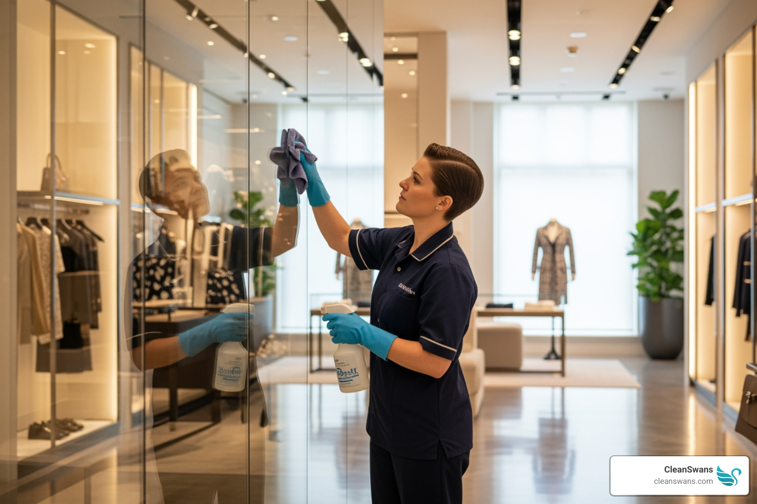 A uniformed cleaner carefully polishing a glass wall in a high-end retail boutique - Executive commercial cleaning