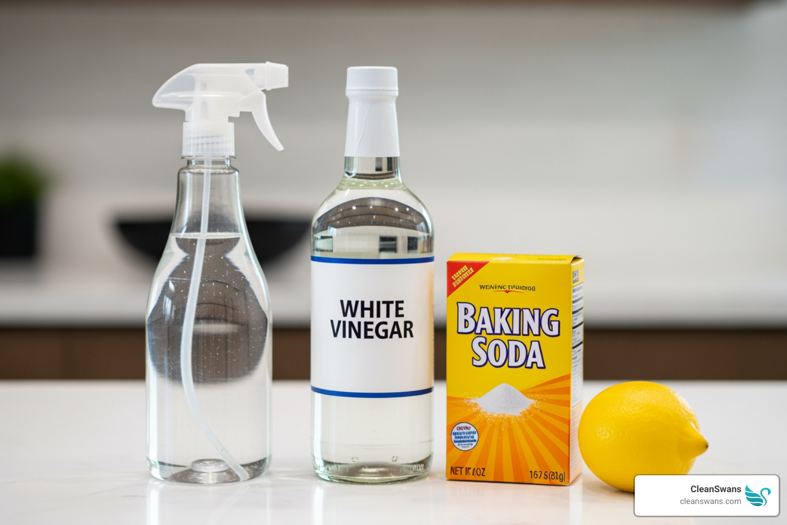spray bottle next to vinegar, baking soda, and a lemon - non toxic cleaning products for pets