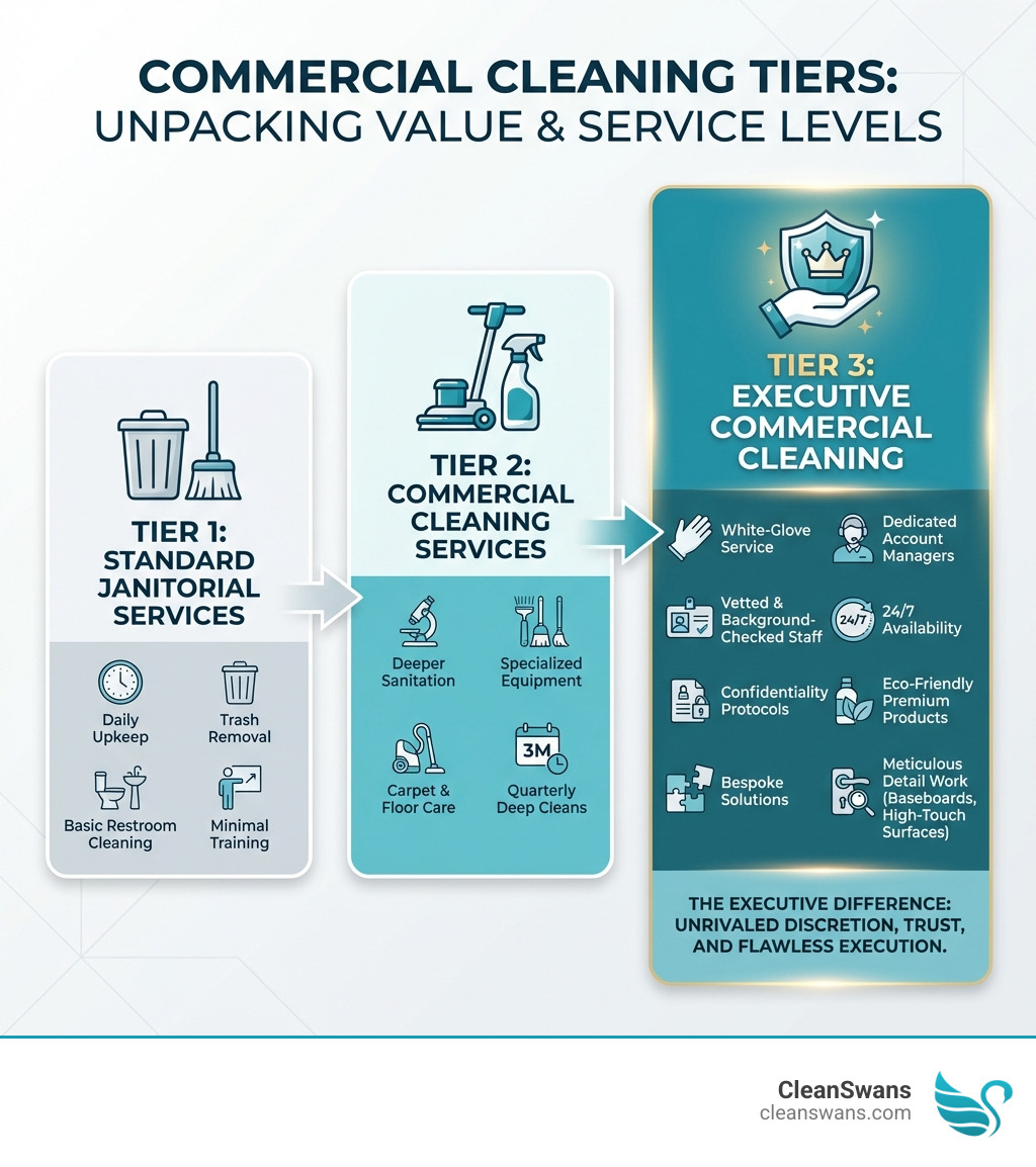 Infographic showing three tiers: Standard Janitorial Services (daily upkeep, trash removal, basic restroom cleaning, minimal training), Commercial Cleaning Services (deeper sanitation, specialized equipment, carpet and floor care, quarterly deep cleans), and Executive Commercial Cleaning (white-glove service, vetted and background-checked staff, confidentiality protocols, bespoke solutions, dedicated account managers, 24/7 availability, eco-friendly premium products, meticulous detail work including baseboards and high-touch surfaces) - Executive commercial cleaning infographic 