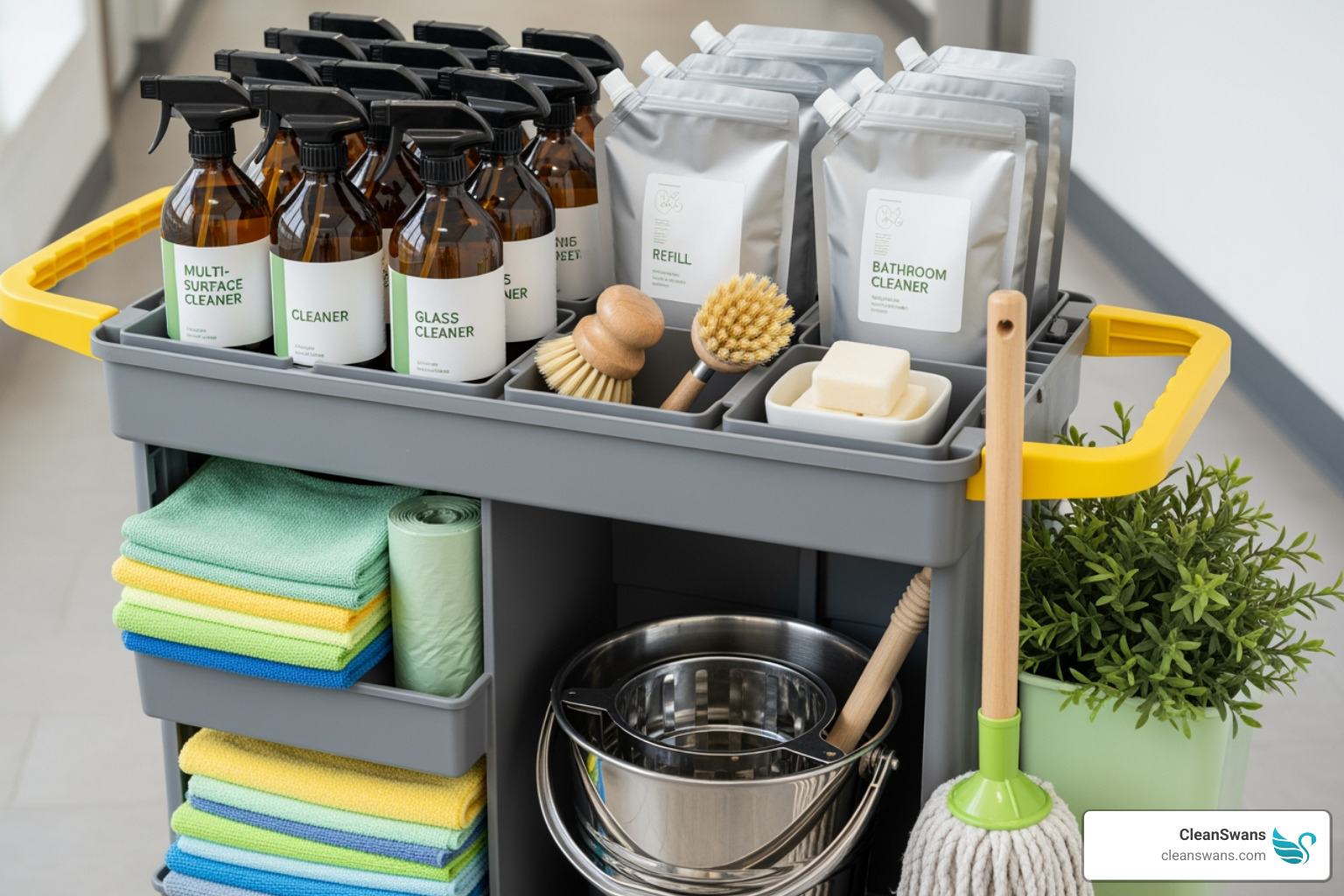 Eco-friendly cleaning products neatly arranged on a professional cleaning cart - Executive commercial cleaning