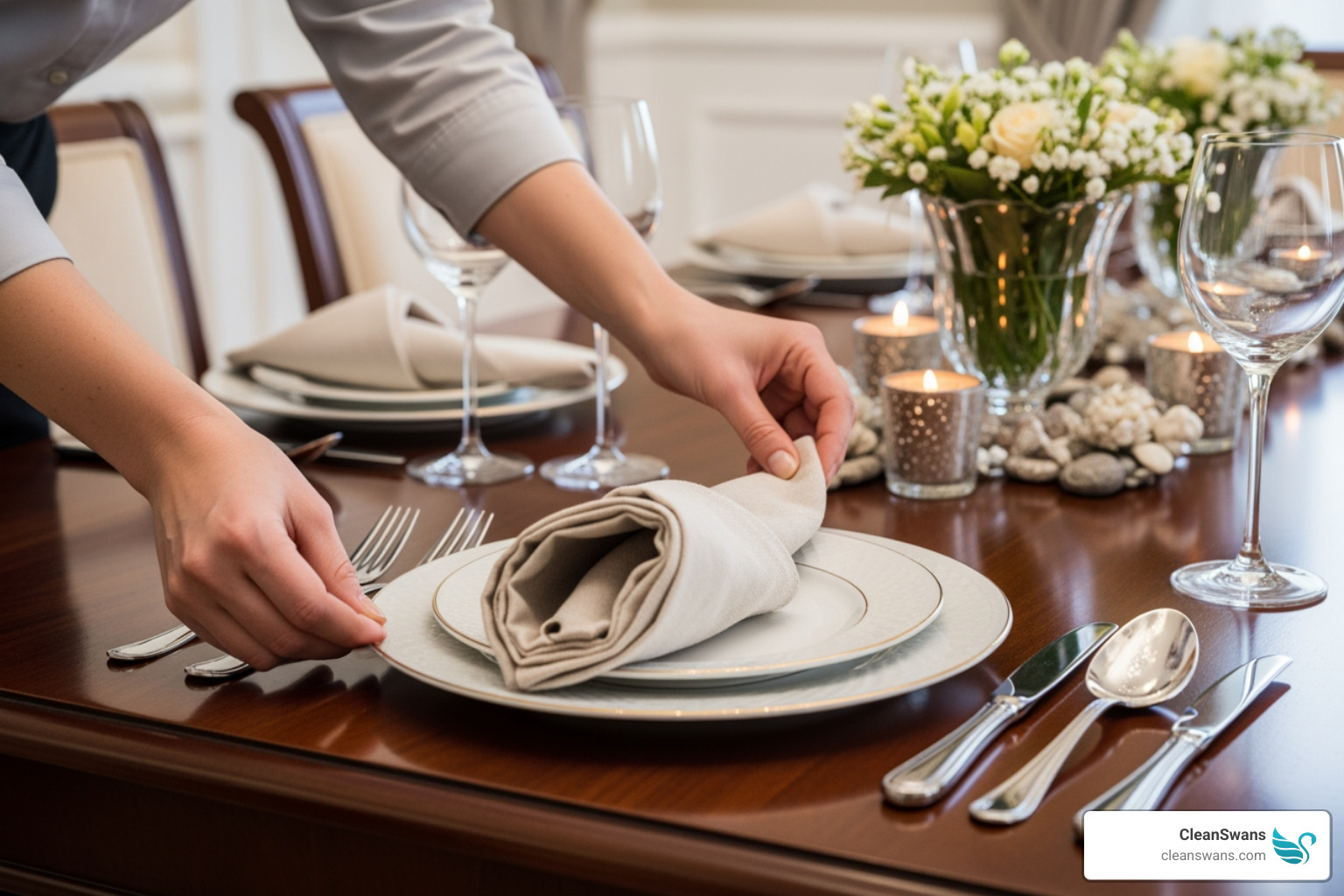 stager adding finishing touches to a dining table - home staging fees