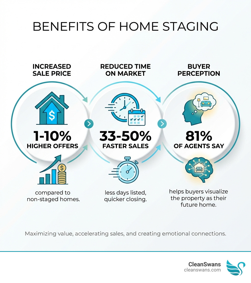 infographic showing the benefits of home staging with statistics on increased sale price (1-10% higher offers), reduced time on market (33-50% faster sales), and buyer perception (81% of agents say it helps visualization) - home staging fees infographic 