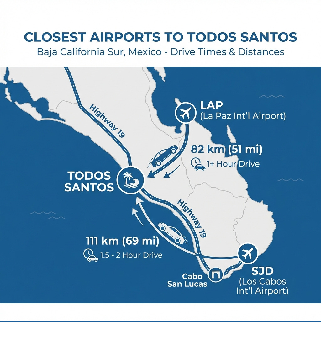 Infographic showing map of Baja California Sur with Todos Santos location, SJD airport 111 km south with 1.5-2 hour drive time, and LAP airport 82 km northeast with 1+ hour drive time, including Highway 19 route - closest airport to todos santos infographic Infographic showing map of Baja California Sur with Todos Santos location, SJD airport 111 km south with 1.5-2 hour drive time, and LAP airport 82 km northeast with 1+ hour drive time, including Highway 19 route - closest airport to todos santos infographic
