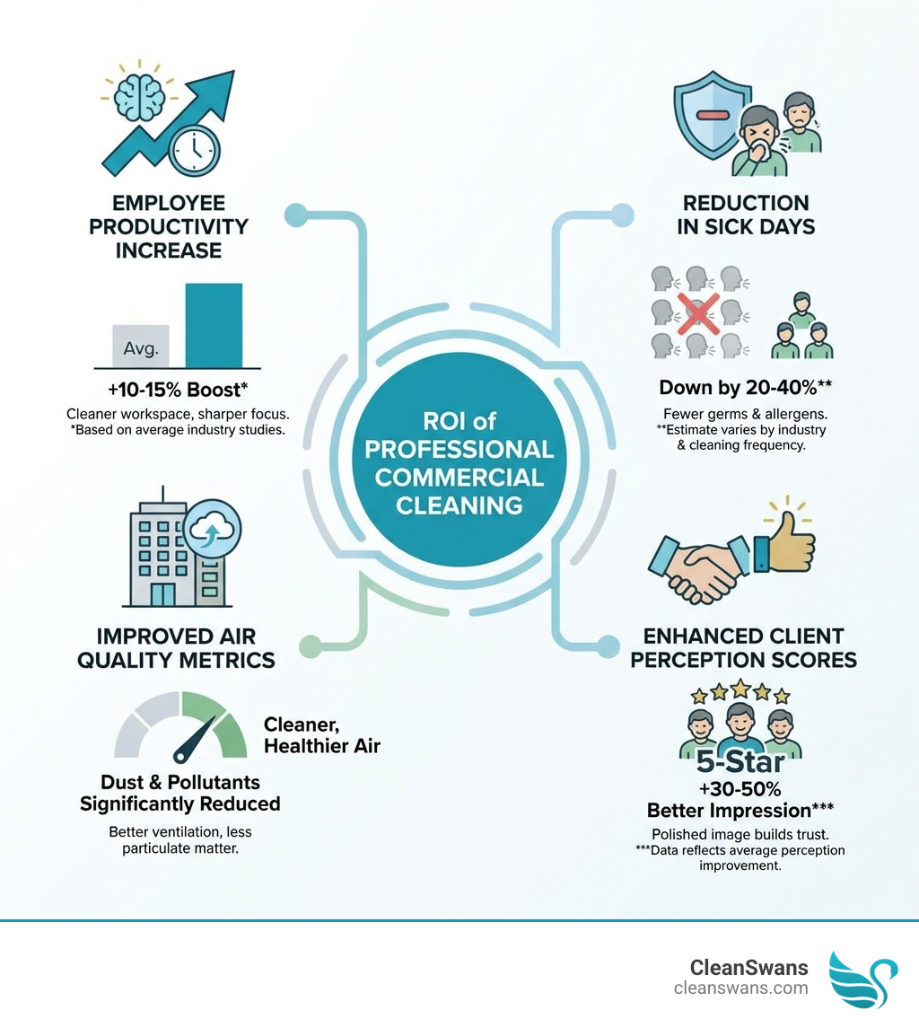 infographic showing the ROI of professional commercial cleaning including statistics on employee productivity increase, reduction in sick days, improved air quality metrics, and enhanced client perception scores - commercial cleaning services brooklyn infographic 