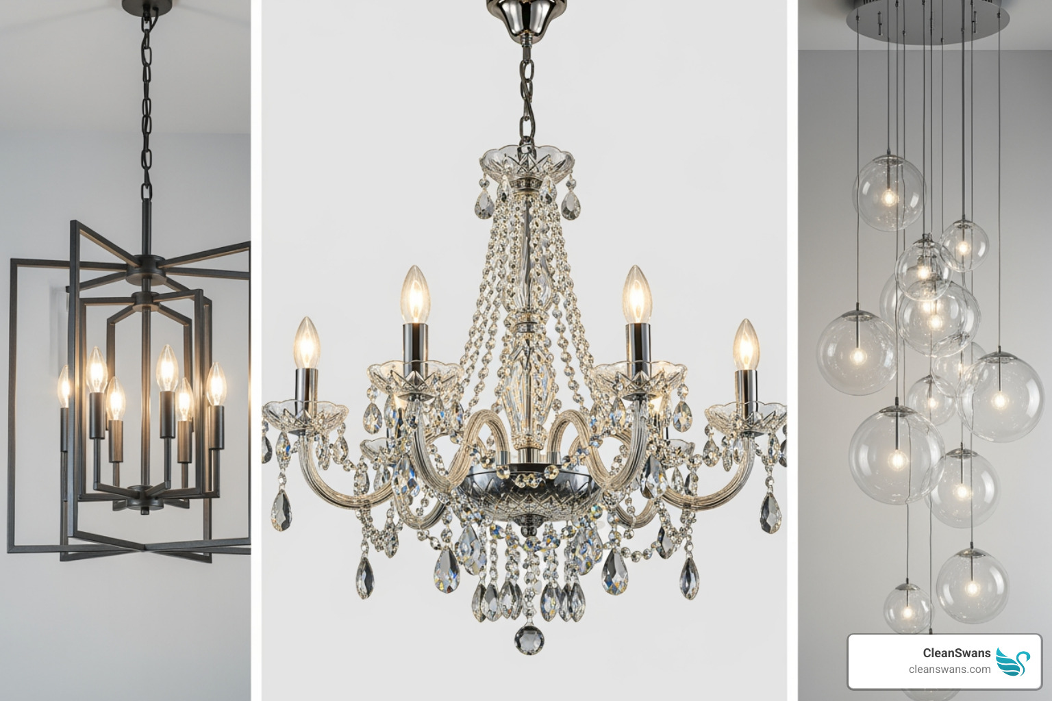 collage showing different types of chandeliers (crystal, metal, modern) - Chandelier cleaning service